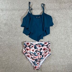 womens teal floral 2 piece size large swimsuit high waist bottom‎